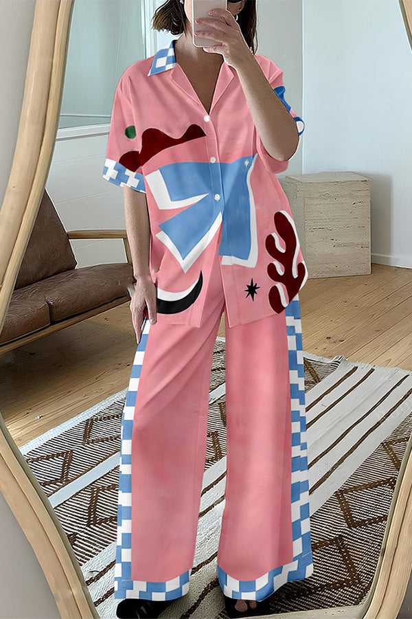 Abstract Bird Plaid Print Oversized Blouse and Elastic Waist Pocketed Pants Set