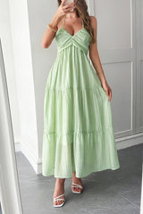 Solid Color Halterneck Tie Casual Holiday Style Maxi Dress