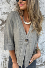 Linen Blend Solid Color Loose V-neck Button-down Casual Top