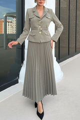 Solid Color Lapel Button Belt Blazer and Pleated Casual Maxi Skirt Set