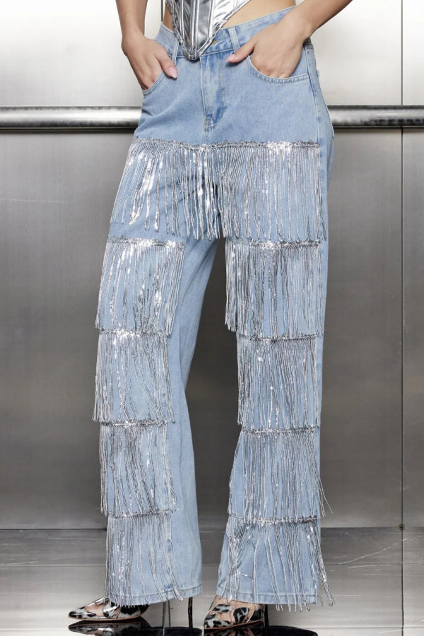 Stylish High-waisted Pocket Tassel Casual Straight Leg Jeans