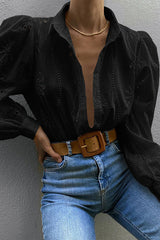 Fashion Hollow Puff Sleeve Casual Lapel Loose Shirt