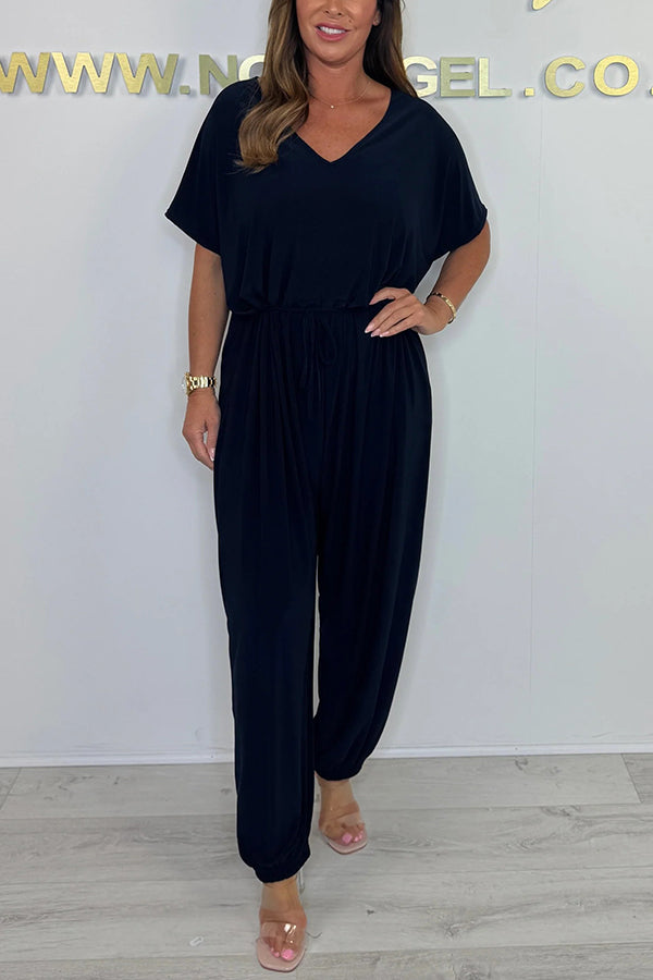 Solid Color V-neck Short-sleeved Waist-tied Loose Casual Jumpsuit