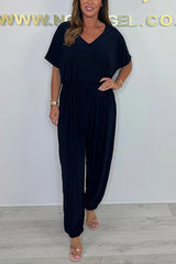 Solid Color V-neck Short-sleeved Waist-tied Loose Casual Jumpsuit