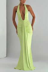 Solid Color Elegant Halterneck V-neck Open Back Tie Gathered Maxi Dress
