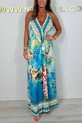 Unique Print V-neck Open Back Loose Maxi Dress