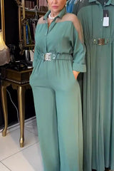 Fashion Mesh Splicing Lapel Long Sleeve Waist Pocket Wide Leg Jumpsuit