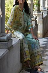 Elonie Satin Floral Print V-neck Half Sleeve Top and Elastic Waist Wide Leg Pants Set