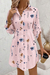 Floral Print Lapel Long Sleeve Button-Down Shirt Mini Dress
