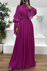 Ellah Shiny Fabric Chinese Stand Collar Twist Waist Balloon Sleeve Maxi Dress