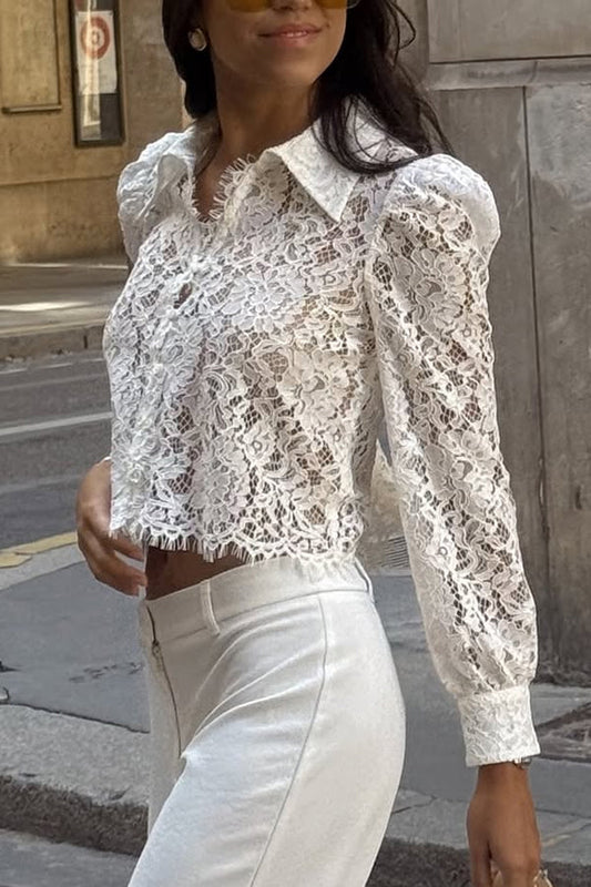 Paris Trends Floral Lace Puff Shoulder  Button Long Sleeve Blouse
