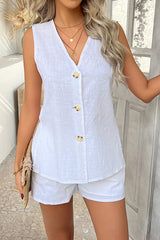 Solid Color Holiday Style V-neck Button Vest and Elastic Waist Casual Pocket Shorts Set