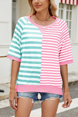 Striped Color Block Print Crew Neck Short Sleeve Loose Top