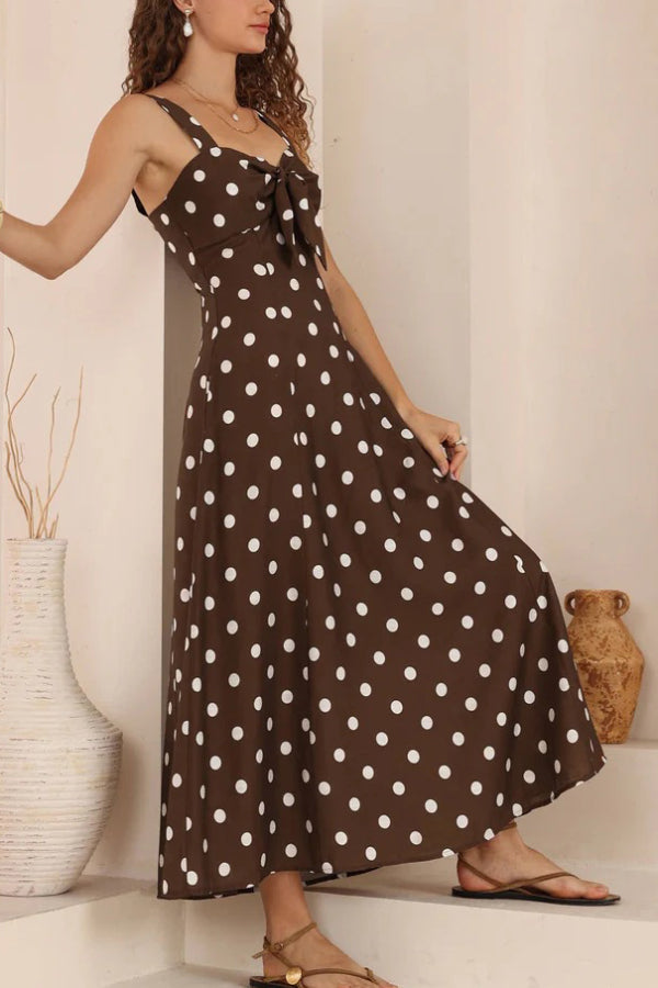 Polka Dot Print Back Pleated Casual Pocket Holiday Maxi Dress