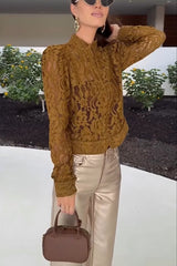 Palace Style Crochet Flower Lace Stand Neck Button Puff Sleeve Jacket