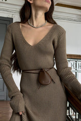 Solid Color V-neck Long-sleeved Slim-fit Elegant Knit Maxi Dress