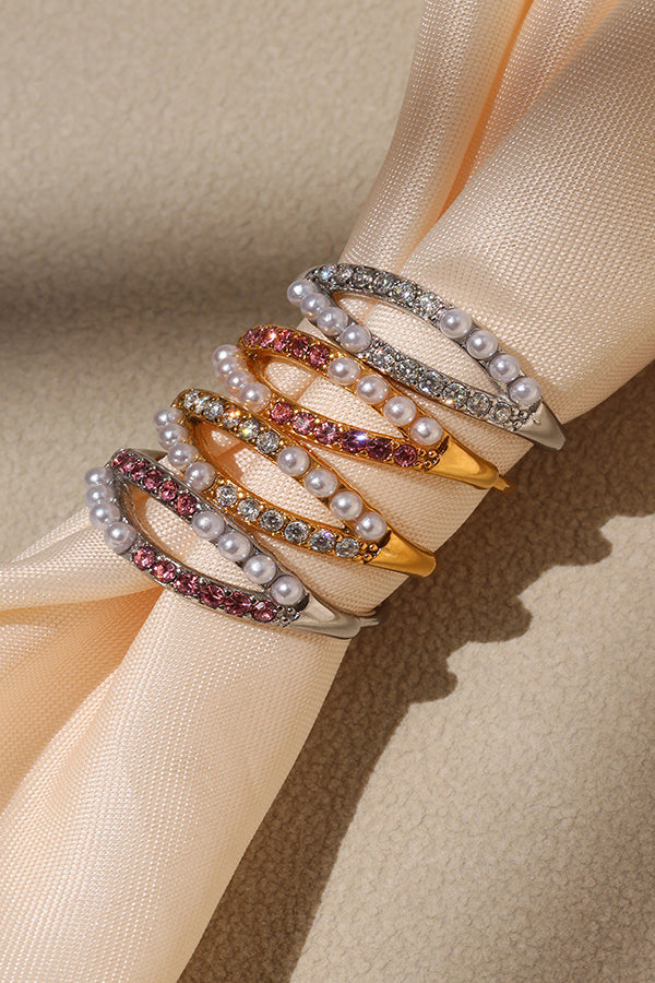 Fashionable Double-layer Inlaid Rhinestone Pearl Ring