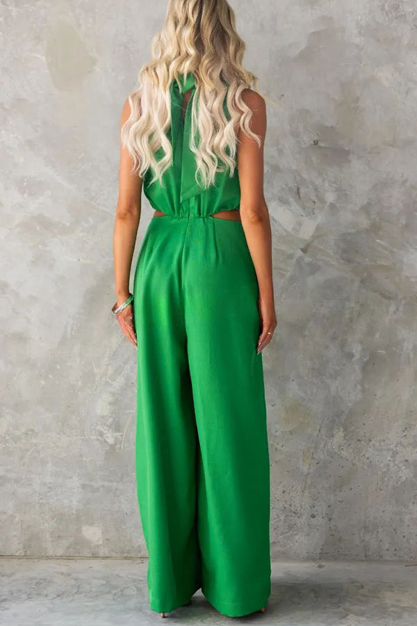 Elyssa High Neck Cutout Elastic Waist Pocketed Wide Leg Jumpsuit