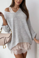 Solid Color Loose V-neck Casual Knitted Sweater