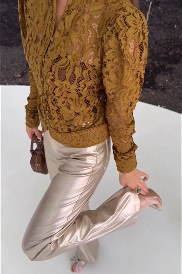 Ceyvan Metallic Fabric High-waist Pocket Straight Leg Stretch Pants