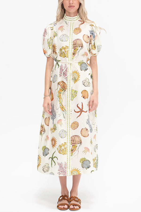 Beach Shell Print Puff Sleeve Tie-Waist Casual Midi Dress