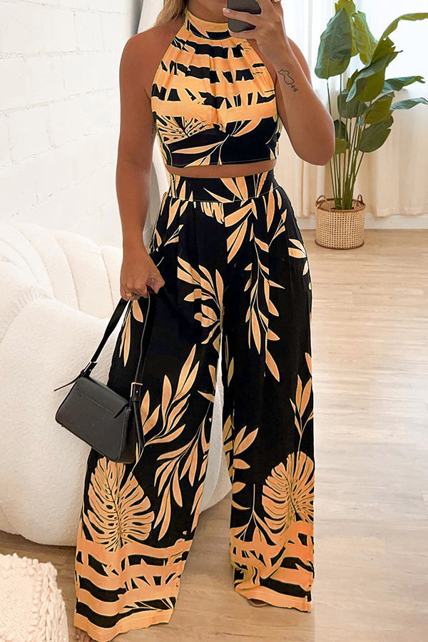 Botanical Print Halterneck Crop Top and Casual High-waist Wide-leg Pants Set