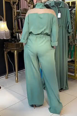 Fashion Mesh Splicing Lapel Long Sleeve Waist Pocket Wide Leg Jumpsuit