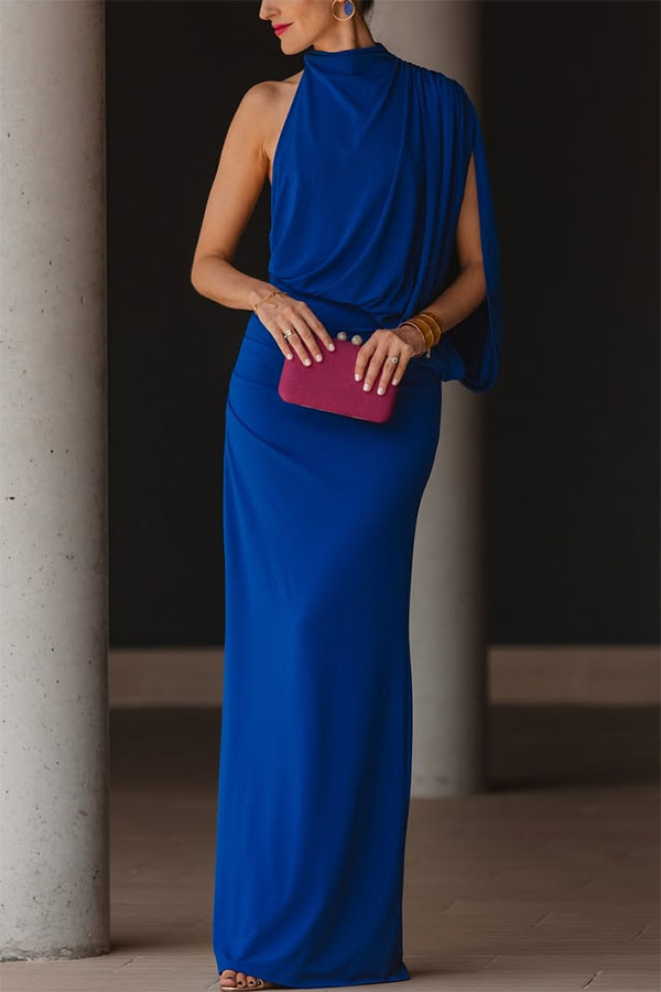Royal Blue High Neck Asymmetrical Cutout Sleeve Drape Maxi Dress