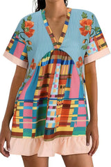 Bohemian Printed Casual Short Sleeve Ruffled Mini Dress