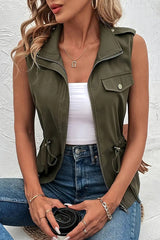 Fashionable Casual Zipper Drawstring Pocket Sleeveless Vest Jacket