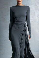 Solid Color Long-sleeved Slim-fit Knot Decoration Maxi Dress