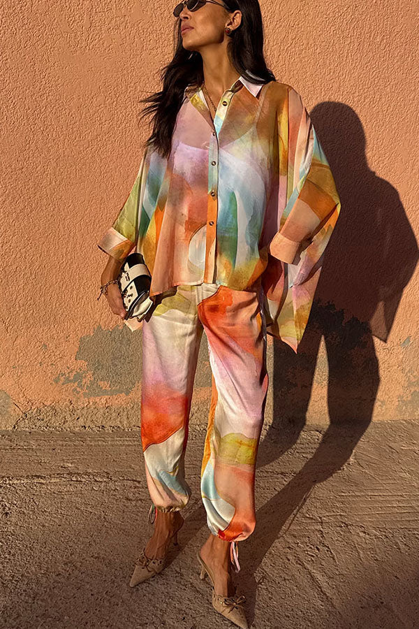 Vacation View Colorful Abstract Print Button Long Batwing Sleeve Oversized Blouse