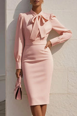 Solid Color Bow Neck Long Sleeve Waisted Midi Dress