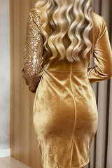 Fashionable Velvet Sequined V-neck Long-sleeved Slim-fit Mini Dress