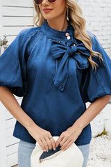 Fashion Loose Bow Lantern Sleeve Casual Denim Shirt