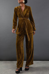 Solid Color Velvet Long-sleeved Waist Tie Top and Elastic Waist Casual Pocket Straight-leg Pants Set