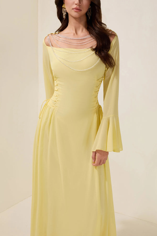 Fashionable Beaded Long-sleeved Square-neck Fitted Waist Tie Maxi Dress