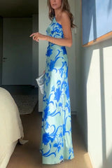 Satin Botanical Print One-Sleeve Resort Maxi Dress