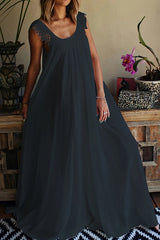 Solid Color Tassel Round Neck Stitching Loose Maxi Dress