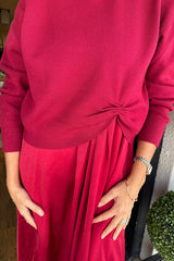 Practical Fashion Knit Ruched Sweater and Satin Stretch Tank Midi Dress Two-piece Set
