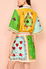 Linen Blend Unique Printed Short Sleeved Pocket Tie Waist Mini Dress(One Size UP)