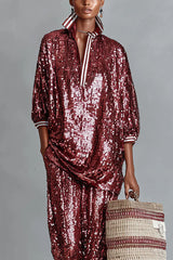 Holiday Honey Sequin Striped Trim Half Sleeve Loose Shirt and Elastic Waist Pocket Wide Leg Pants Set