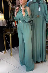 Fashion Mesh Splicing Lapel Long Sleeve Waist Pocket Wide Leg Jumpsuit