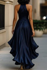 Solid Color Satin V-neck Sleeveless Elegant Ruffle Maxi Dress