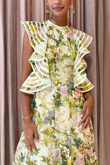 Romantic Silhouette Flower Print Back Lace-up Ruffle Sleeve Midi Dress