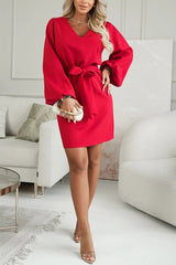 Holiday Gatherings V-neck Long Balloon Sleeve Tie-up Waist Loose Mini Dress