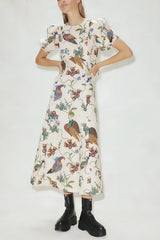 Level Up Floral Heaven Bird Print Puff Sleeve Midi Dress
