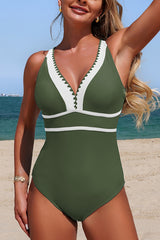 Stylish Color-blocked V-neck Stretch One-piece Swimsuit