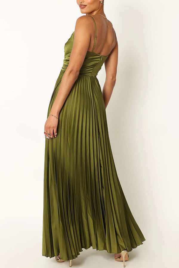 A Dreamy Escape Satin Adjustable Straps Pleated Maxi Dress
