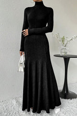 Solid Color High-neck Long-sleeved Slim-fit Fishtail Elegant Maxi Dress